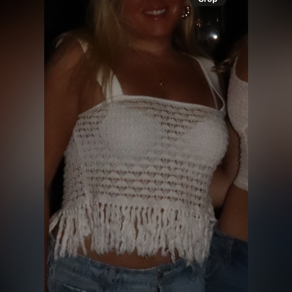 Women's White Fringe Crochet Top
